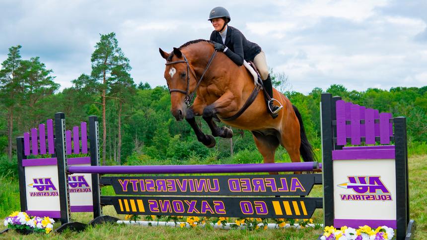 student on a horse jumping over a gate